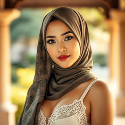 A beautiful Malay woman wearing a stylish hijab, elegantly draped, paired with a delicate lace bra that peeks gracefully through her attire