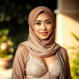 A beautiful Malay woman wearing a stylish hijab, elegantly draped, paired with a delicate lace bra that peeks gracefully through her attire