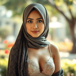A beautiful Malay woman wearing a stylish hijab, elegantly draped, paired with a delicate lace bra that peeks gracefully through her attire