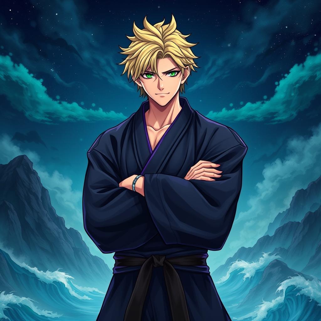 A light novel cover featuring a tall male character with striking blonde hair and captivating emerald eyes