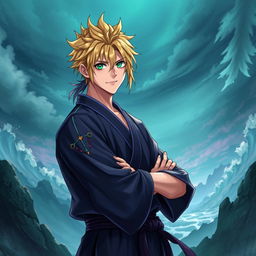 A light novel cover featuring a tall male character with striking blonde hair and captivating emerald eyes