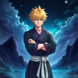 A light novel cover featuring a tall male character with striking blonde hair and captivating emerald eyes