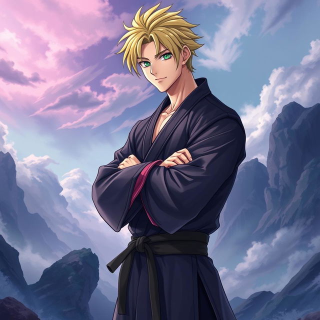 A light novel cover featuring a tall male character with striking blonde hair and captivating emerald eyes