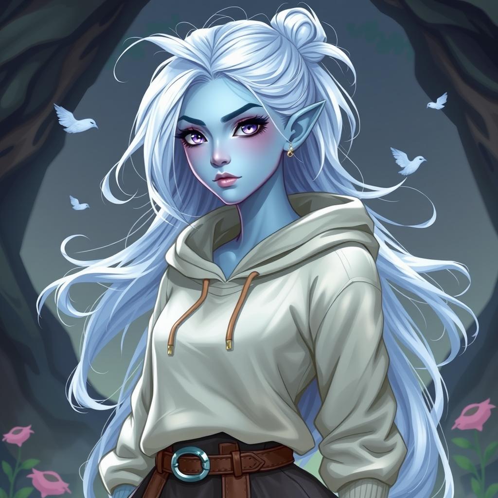 In the style of DnD character art, Lucirq is a striking figure with light blue skin and enchanting elven white hair that appears to float gently around her