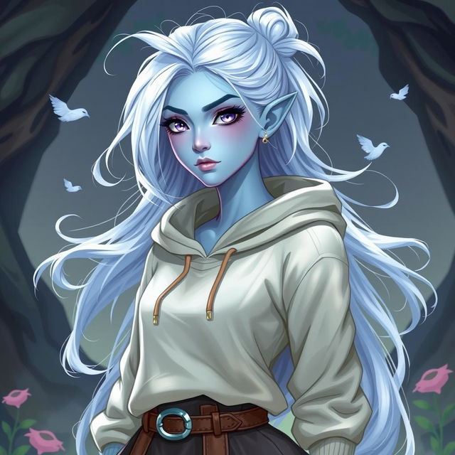 In the style of DnD character art, Lucirq is a striking figure with light blue skin and enchanting elven white hair that appears to float gently around her