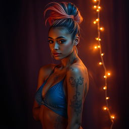 A surreal and dreamlike scene featuring an elegant light caramel-skinned female with a striking high ponytail dyed in vibrant orange and blue colors