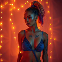A surreal and dreamlike scene featuring an elegant light caramel-skinned female with a striking high ponytail dyed in vibrant orange and blue colors