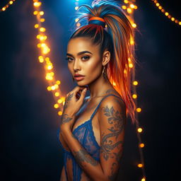 A surreal and dreamlike scene featuring an elegant light caramel-skinned female with a striking high ponytail dyed in vibrant orange and blue colors