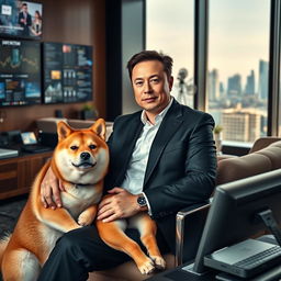 Elon Musk dressed in a sleek black suit, sitting confidently in a modern office surrounded by high-tech gadgets and digital screens, with a Shiba Inu Doge by his side