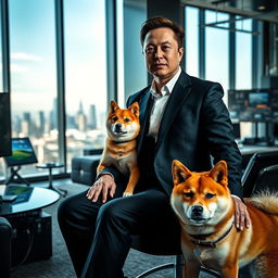 Elon Musk dressed in a sleek black suit, sitting confidently in a modern office surrounded by high-tech gadgets and digital screens, with a Shiba Inu Doge by his side