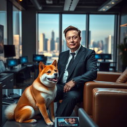 Elon Musk dressed in a sleek black suit, sitting confidently in a modern office surrounded by high-tech gadgets and digital screens, with a Shiba Inu Doge by his side