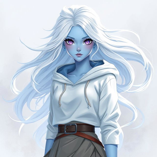 In the style of DnD character art, Maeve is a striking figure with enchanting light blue skin and ethereal white hair that appears to float gently around her