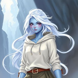 In the style of DnD character art, Maeve is a striking figure with enchanting light blue skin and ethereal white hair that appears to float gently around her