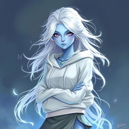 In the style of DnD character art, Maeve is a striking figure with enchanting light blue skin and ethereal white hair that appears to float gently around her