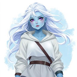 In the style of DnD character art, Maeve is a striking figure showcasing her light blue skin and ethereal white hair that floats gently around her