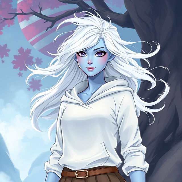 In the style of DnD character art, Maeve is a striking figure showcasing her light blue skin and ethereal white hair that floats gently around her