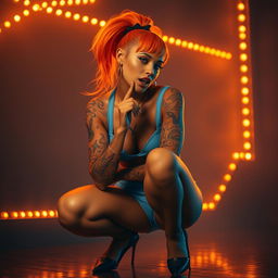 A surreal and dreamlike scene featuring an elegant light caramel-skinned female with a high ponytail hairstyle in vibrant orange and blue colors