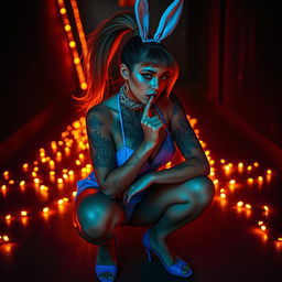 A surreal and dreamlike scene featuring an elegant light caramel-skinned female with a high ponytail hairstyle in vibrant orange and blue colors