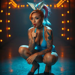 A surreal and dreamlike scene featuring an elegant light caramel-skinned female with a high ponytail hairstyle in vibrant orange and blue colors