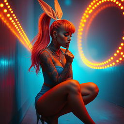 A surreal and dreamlike scene featuring an elegant light caramel-skinned female with a high ponytail hairstyle in vibrant orange and blue colors