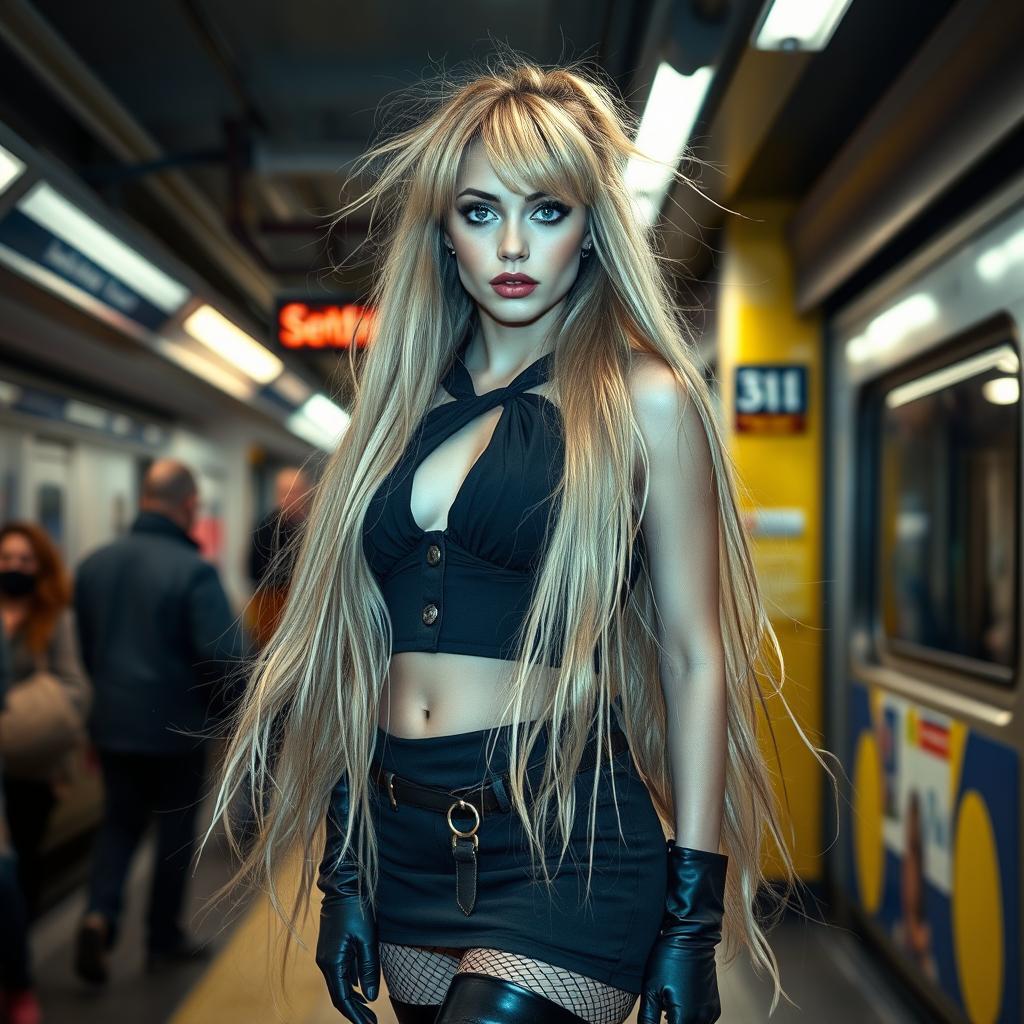 A full-length photograph of a stunning young woman with a thin face and very thick, long, messy dirty blond hair, captured at a bustling subway station in New York