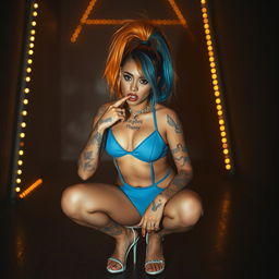 A surreal and dreamlike scene featuring an elegant light caramel-skinned female with a striking high ponytail of orange and blue hair