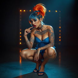 A surreal and dreamlike scene featuring an elegant light caramel-skinned female with a striking high ponytail of orange and blue hair