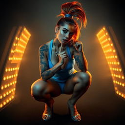 A surreal and dreamlike scene featuring an elegant light caramel-skinned female with a striking high ponytail of orange and blue hair