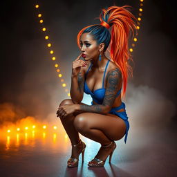 A surreal and dreamlike scene featuring an elegant light caramel-skinned female with a striking high ponytail of orange and blue hair