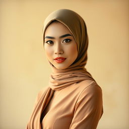 A stunning portrait of a Malay woman wearing a stylish hijab and a slim fit dress that accentuates her figure