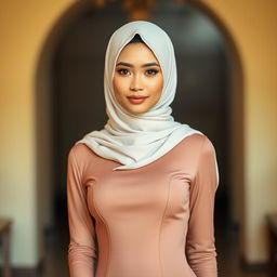 A stunning portrait of a Malay woman wearing a stylish hijab and a slim fit dress that accentuates her figure