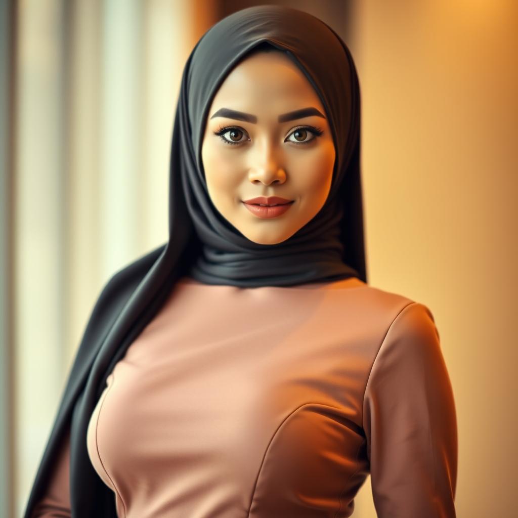 A stunning portrait of a Malay woman wearing a stylish hijab and a slim fit dress that accentuates her figure