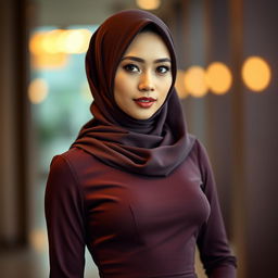 A stunning portrait of a Malay woman wearing a stylish hijab and a slim fit dress that accentuates her figure
