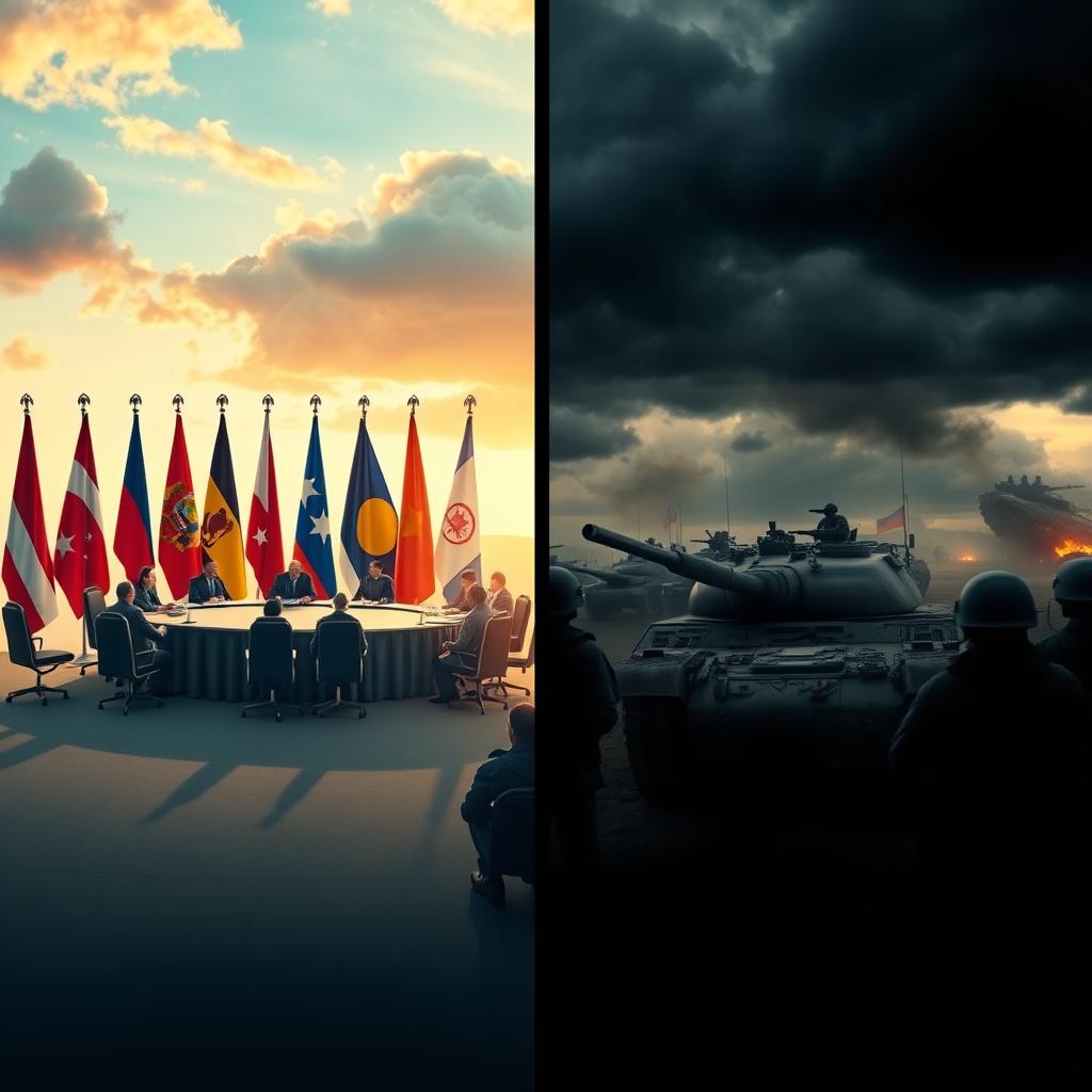A split-screen image depicting two contrasting scenarios: on the left side, peaceful diplomacy featuring a round table with diplomats shaking hands, surrounded by flags from various countries, bright and warm colors, with a serene background; on the right side, a dramatic scene of military forces preparing for invasion, showcasing tanks and soldiers in combat gear, with dark, shadowy colors and ominous stormy skies