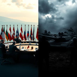 A split-screen image depicting two contrasting scenarios: on the left side, peaceful diplomacy featuring a round table with diplomats shaking hands, surrounded by flags from various countries, bright and warm colors, with a serene background; on the right side, a dramatic scene of military forces preparing for invasion, showcasing tanks and soldiers in combat gear, with dark, shadowy colors and ominous stormy skies