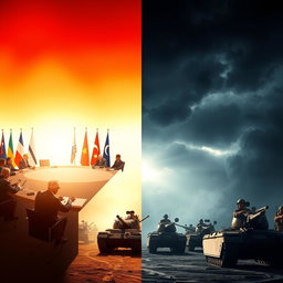 A split-screen image depicting two contrasting scenarios: on the left side, peaceful diplomacy featuring a round table with diplomats shaking hands, surrounded by flags from various countries, bright and warm colors, with a serene background; on the right side, a dramatic scene of military forces preparing for invasion, showcasing tanks and soldiers in combat gear, with dark, shadowy colors and ominous stormy skies