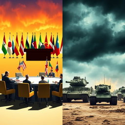 A split-screen image depicting two contrasting scenarios: on the left side, peaceful diplomacy featuring a round table with diplomats shaking hands, surrounded by flags from various countries, bright and warm colors, with a serene background; on the right side, a dramatic scene of military forces preparing for invasion, showcasing tanks and soldiers in combat gear, with dark, shadowy colors and ominous stormy skies