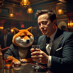 A scene depicting Elon Musk enjoying a drink of whiskey alongside a Shiba Inu dog dressed as Doge, in a vibrant nightclub setting reminiscent of The Godfather