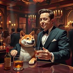 A scene depicting Elon Musk enjoying a drink of whiskey alongside a Shiba Inu dog dressed as Doge, in a vibrant nightclub setting reminiscent of The Godfather