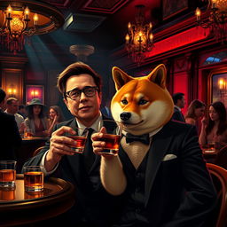 A scene depicting Elon Musk enjoying a drink of whiskey alongside a Shiba Inu dog dressed as Doge, in a vibrant nightclub setting reminiscent of The Godfather