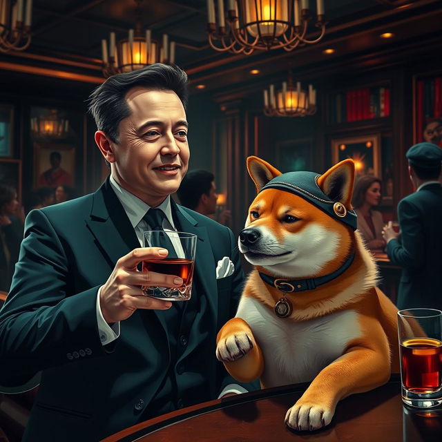 A scene depicting Elon Musk enjoying a drink of whiskey alongside a Shiba Inu dog dressed as Doge, in a vibrant nightclub setting reminiscent of The Godfather