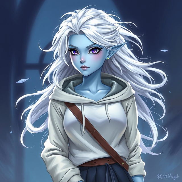 In the style of DnD character art, Maeve is a striking figure characterized by her light blue skin and ethereal elven white hair that seems to float gently around her