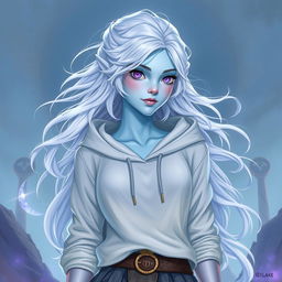 In the style of DnD character art, Maeve is a striking figure characterized by her light blue skin and ethereal elven white hair that seems to float gently around her