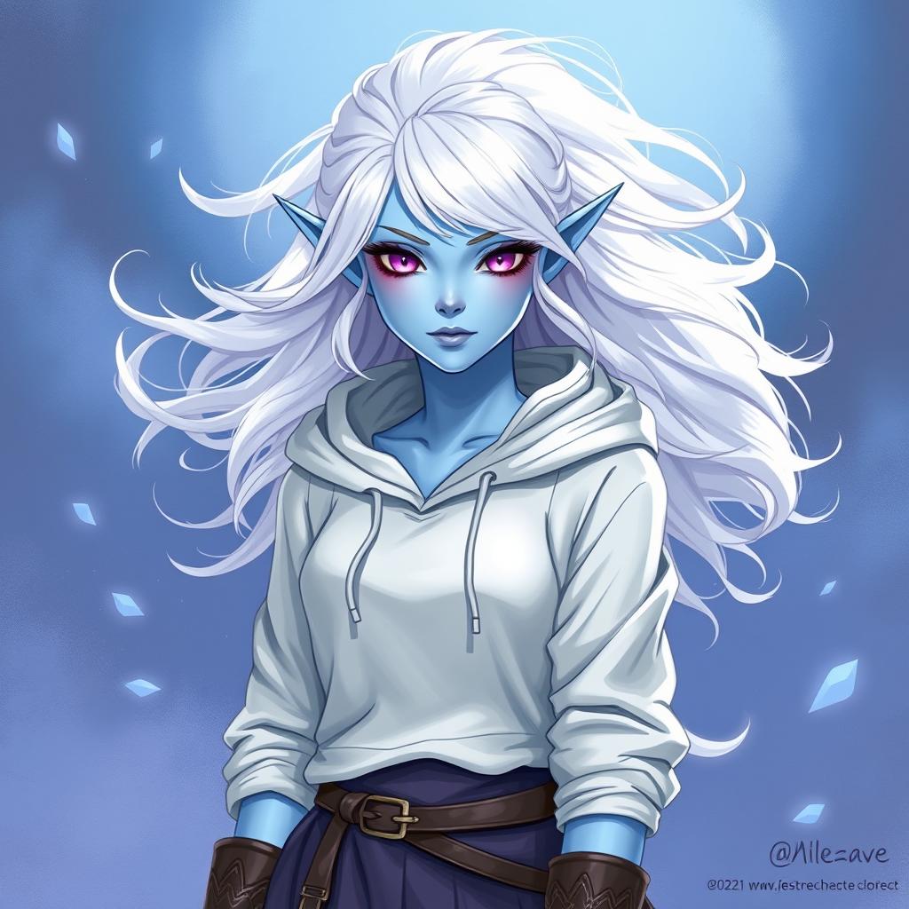 In the style of DnD character art, Maeve is a striking figure characterized by her light blue skin and ethereal elven white hair that seems to float gently around her