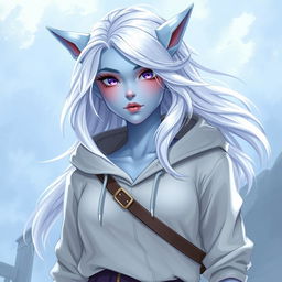 In the style of DnD character art, Maeve is a striking figure characterized by her light blue skin and ethereal elven white hair that seems to float gently around her