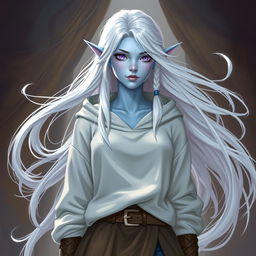 In the style of DnD character art, Maeve presents a striking figure with captivating light blue skin and beautifully flowing elven white hair that seems to subtly float around her