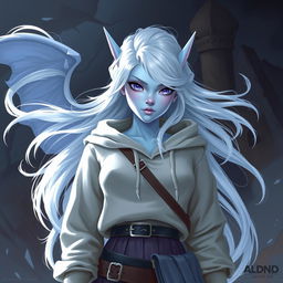 In the style of DnD character art, Maeve presents a striking figure with captivating light blue skin and beautifully flowing elven white hair that seems to subtly float around her