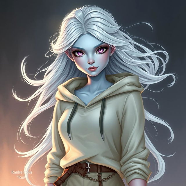 In the style of DnD character art, Maeve presents a striking figure with captivating light blue skin and beautifully flowing elven white hair that seems to subtly float around her