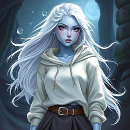 In the style of DnD character art, Maeve presents a striking figure with captivating light blue skin and beautifully flowing elven white hair that seems to subtly float around her