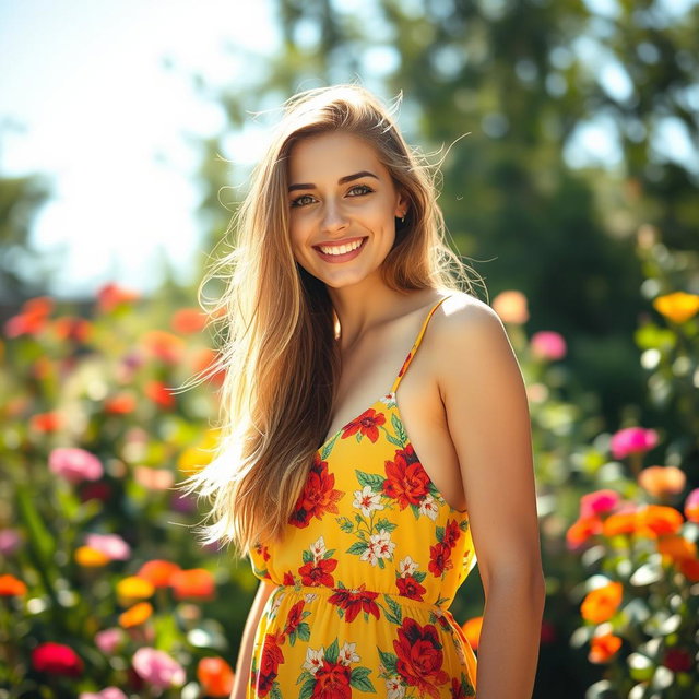 A beautiful and confident young woman standing in a sunlit garden, showcasing her natural beauty and body positivity